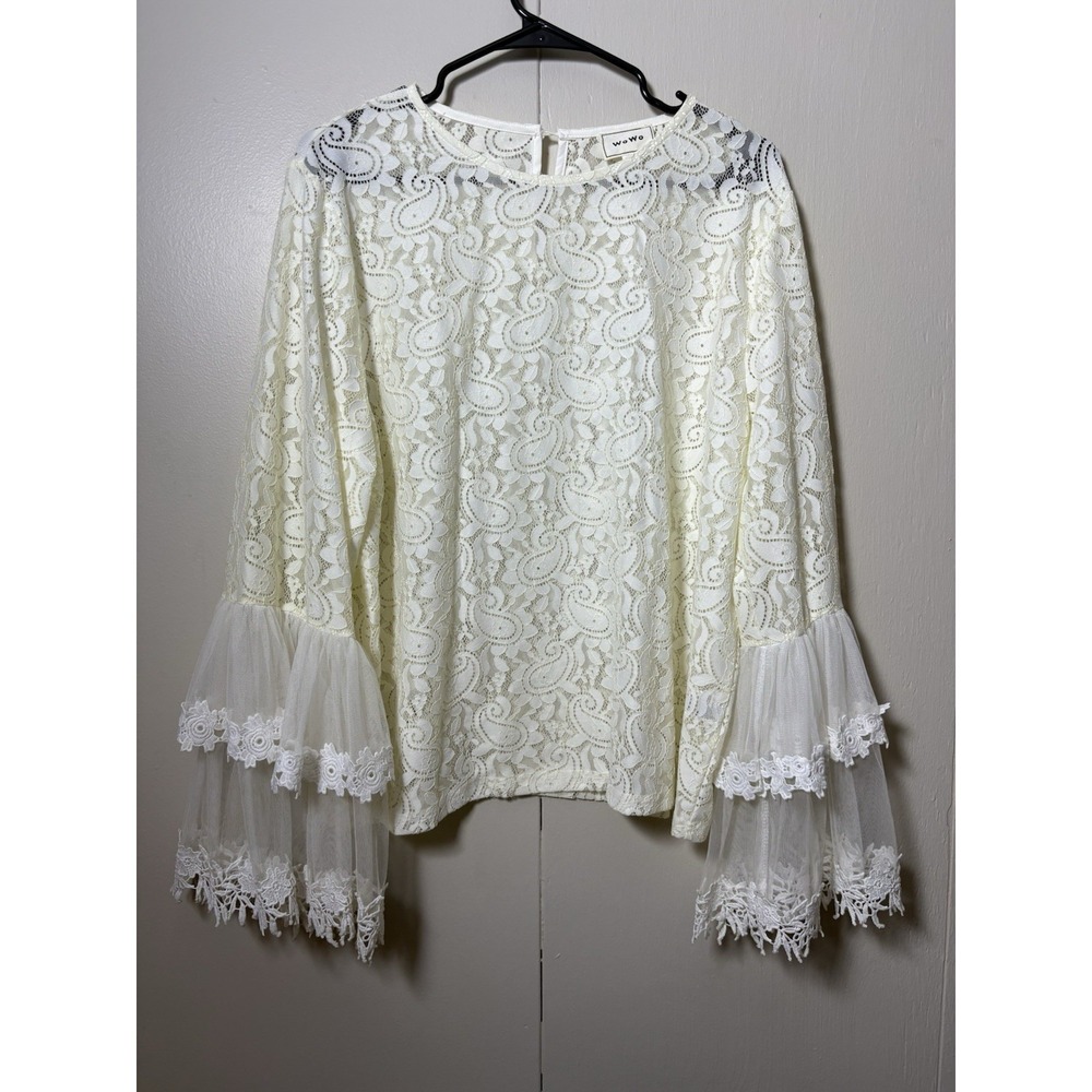 WoWo 1X Ivory Lace Bell Sleeve Blouse Boho Victorian Sheer Mesh Whimsical Fairy